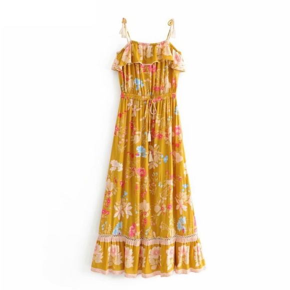 Boho floral print mustard ruffle cami maxi dress - Picture 2 of 3